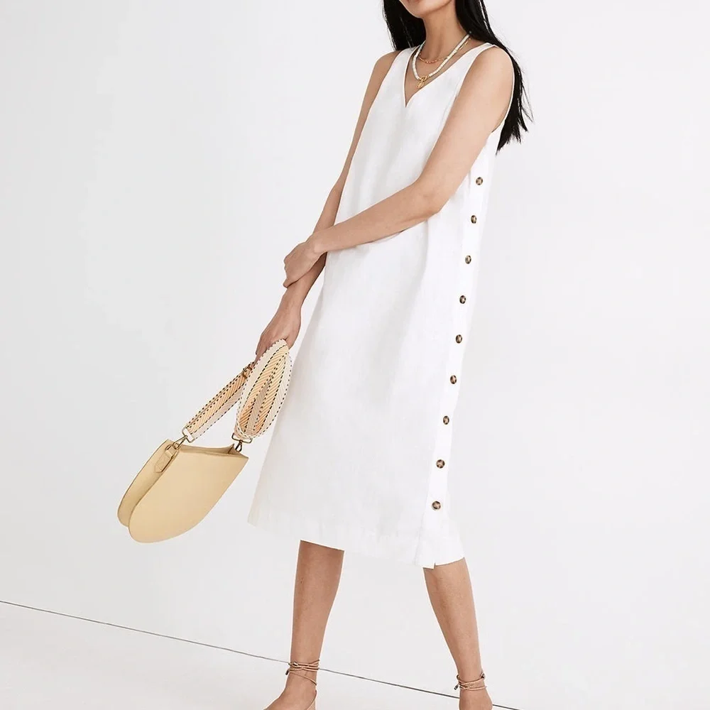 NWT MADEWELL Linen-Cotton Side-Button Midi Dress/ BLACK - Picture 2 of 6